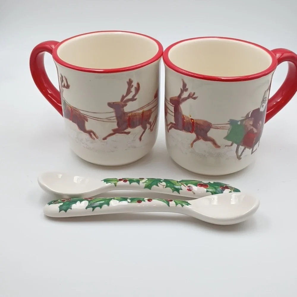 Williams Sonoma Pair Christmas Mugs & Spoons 2011 No Chips Cracks, Some Crazing